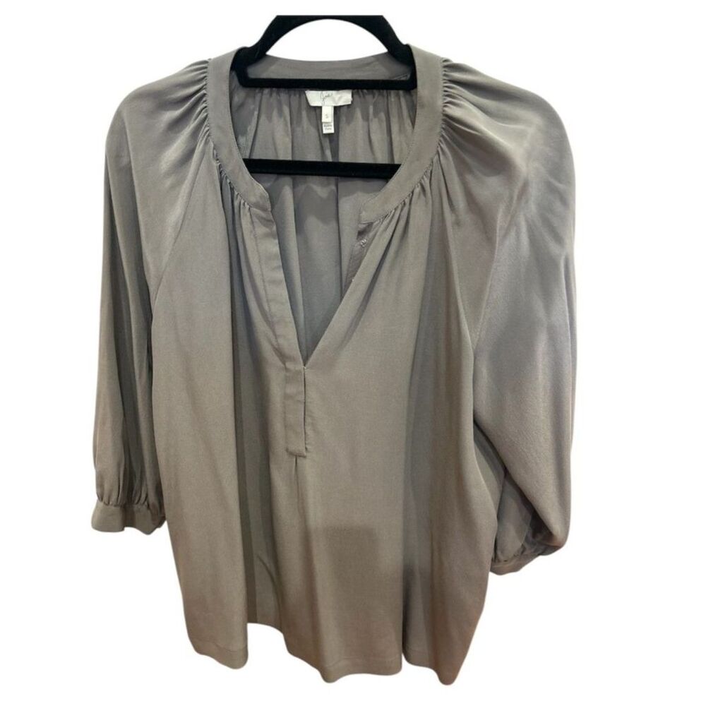 Joie Split V-Neck Blouson Sleeve Gathered Flowy Top Gray Small